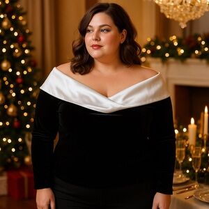 Elegant Black and White Velvet Off the Shoulder Long Sleeve Top Size XL